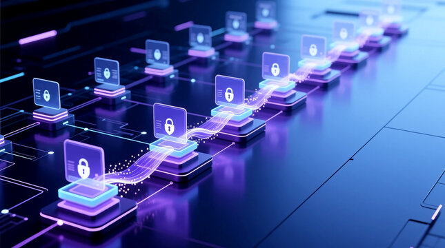 Futuristic visualization of identity verification flow with authentication nodes on zero trust security network system for secure data access with controlled validation process