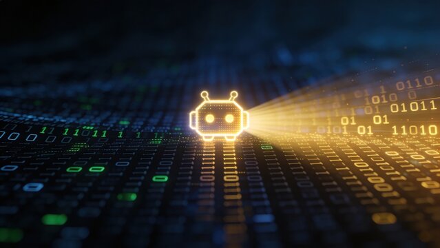 Glowing robot repairs stream of dark binary code turning it into bright data flow with futuristic background
