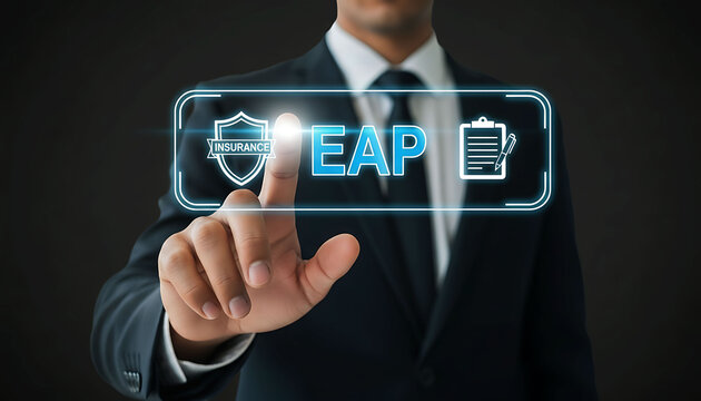 Business professional using digital EAP insurance support interface for workplace care