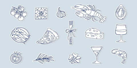Mediterranean food doodle sticker set with seafood, wine, tomato elements. Italian cuisine coastal collection. Perfect for menus, posters, cards and travel design. Flat vector illustration. © Nataliia Vyshnytska