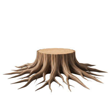Tree stump with roots cut off isolated on white