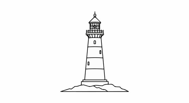 Line drawing of a tall, tapering lighthouse on a rocky base