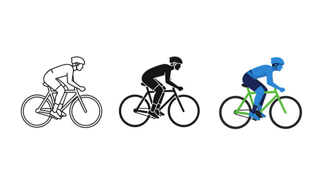 A vector graphic illustration featuring a male cyclist riding a bicycle in three distinct styles, including outline, silhouette, and colored versions, ideal for sports design.