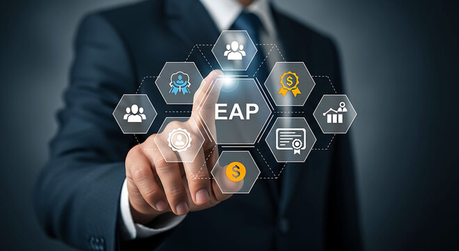 Business professional touching EAP employee assistance program digital interface concept
