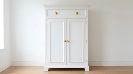 Fototapeta premium A tall, white, two-door cabinet with a single drawer at the top, featuring brass knobs, set against a plain white wall.