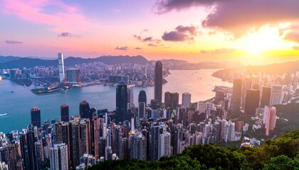 Fototapeta premium Aerial view of a city skyline at sunset, with numerous skyscrapers, water bodies, and mountains. The sky is painted with vibrant hues