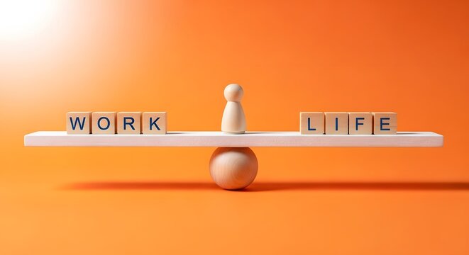 Balance scale with work and life blocks and person symbol.