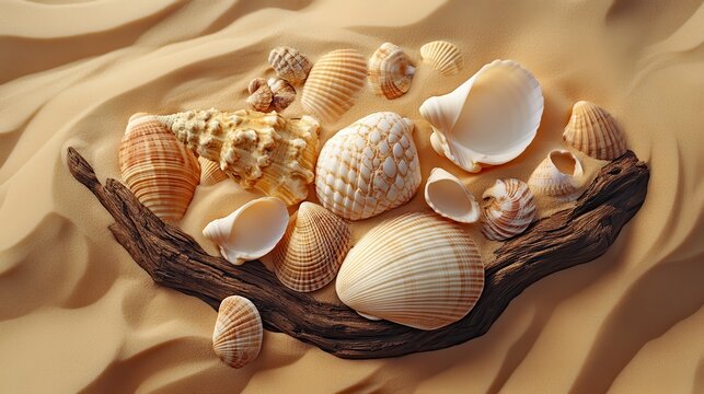 An artistic arrangement of diverse seashells collected from the beach displayed on gnarled driftwood, showcasing oceanic beauty