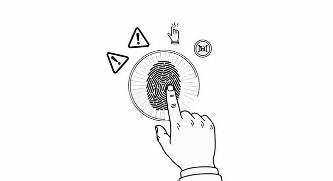 Finger touches fingerprint scanner with warning signs and DNA icon
