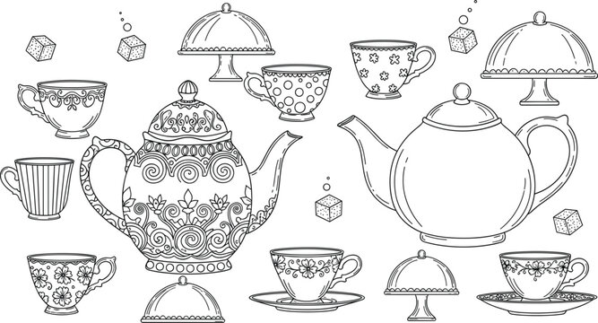 Vintage Tea Set Illustrations with Cups, Teapot, and Sugar Cubes for Tea Time Designs
