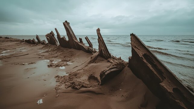 Ancient shipwreck remains on a sandy beach showing evidence of coastal erosion and rising sea levels under overcast skies