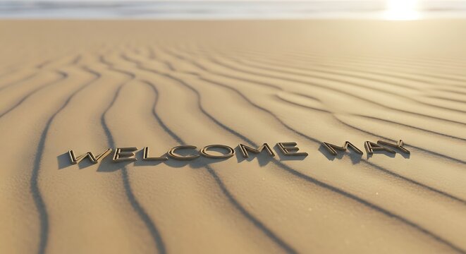 welcome sign written in sand on sunny beach with footprints and ocean waves