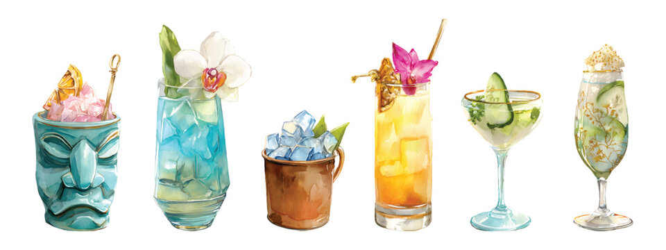 Watercolor set of tropical summer cocktails and exotic mixed drinks, featuring tiki mug, copper cup, and glasses garnished with ice, flowers, and fruit, isolated on transparent background