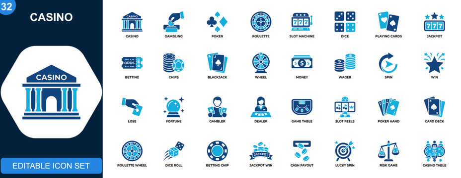Casino icon set, gambling, poker, roulette, slot machine, dice, playing cards, jackpot, betting elements. Solid icons collection. Vector.