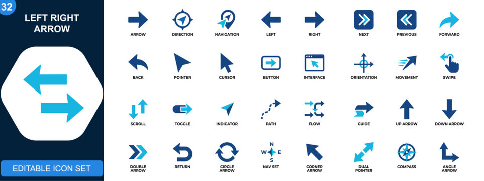 Left right arrow icons for navigation, next previous, forward back, directional interface controls. Editable icons collection. Vector.