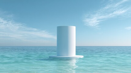 Obraz premium Minimalist White Cylinder on a Circular Platform in the Ocean.