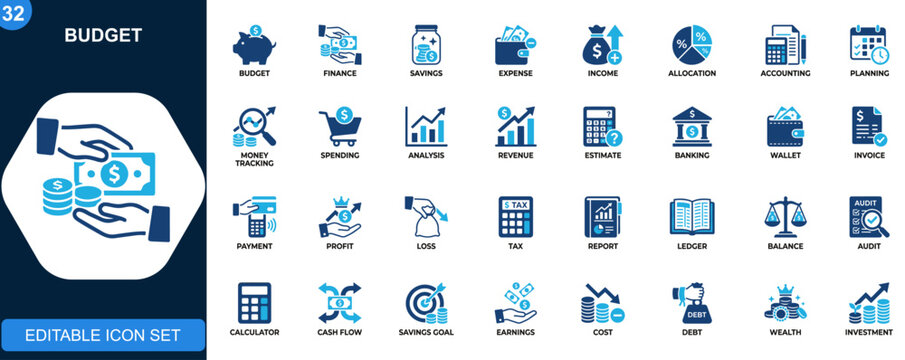 Budget line icon set, savings, expenses, income, allocation, financial planning, cost estimate, accounting analysis, money tracking. Outline icons collection. Vector.