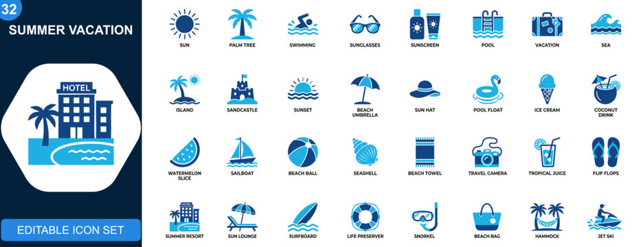 Summer vacation icons set, beach, sun, swimming, sunscreen, sunglasses, palm tree, ice cream, pool, travel leisure. Solid icons collection. Vector.