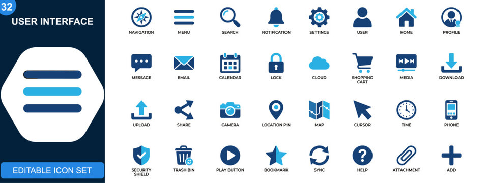 User interface icon set, UI UX essentials, navigation, search, notification, settings, media controls, security, ecommerce, communication. Solid icons collection. Vector.