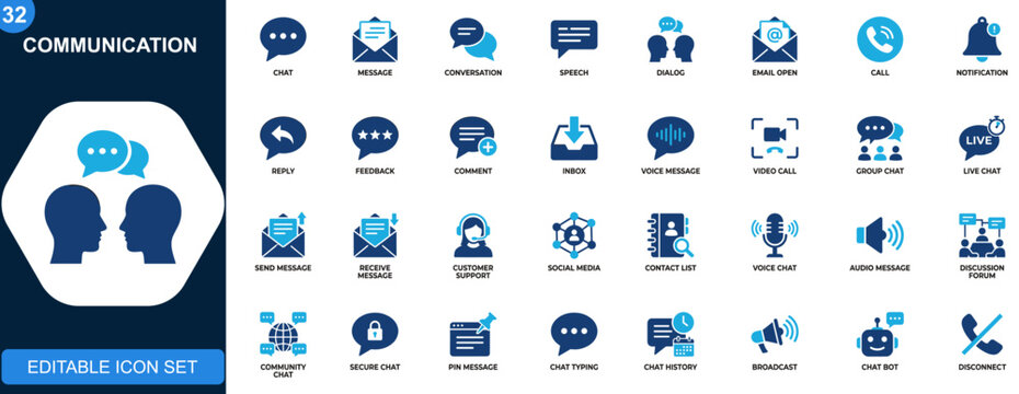 Communication icon set, chat, messaging, speech bubble, conversation, email, call, notification, social interaction icons collection. Vector.