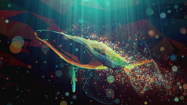 A mesmerizing seamless loop of a bioluminescent whale gliding through a cosmic ocean of glowing pfor VJ sets, high-tech club visuals,  electronic music festivals, stage screens and for LED video walls