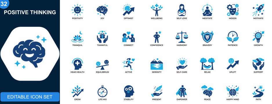 Positive thinking icon set, mental wellness, happiness, optimism, self care, emotional balance, mindfulness, motivation. Solid icons collection. Vector.