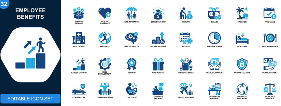 Employee benefits icon set. Insurance, bonus, pension, paid leave, wellness, compensation, workplace perks. Solid icons collection. Vector.