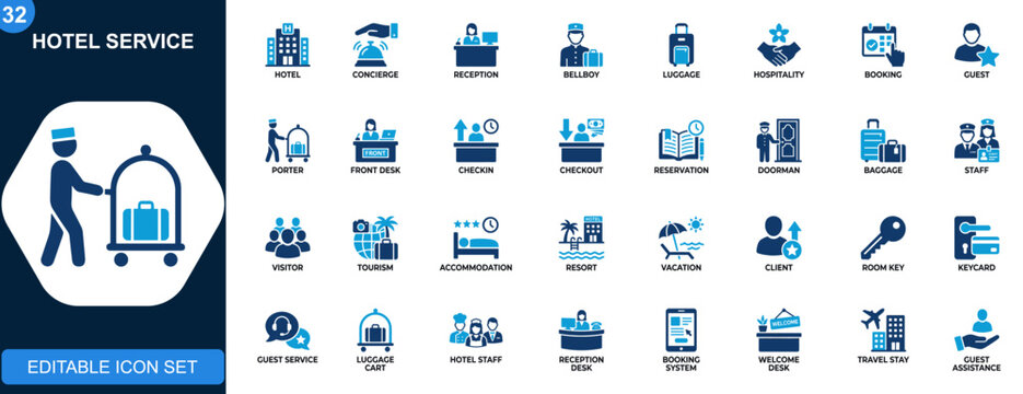 Concierge and hotel service icon set, reception, bellboy, luggage, front desk, hospitality, booking, guest assistance. Solid icons collection. Vector.