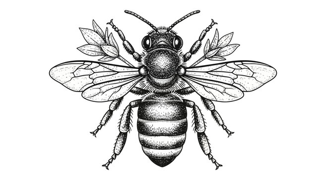 Elegant Ornate Bee Illustration with Decorative Floral Elements in Grey Tones, Isolated White Background