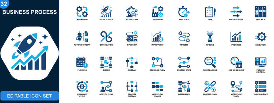 Business process icon set, workflow automation, productivity, operations flow, task management, efficiency improvement. Icons collection. Vector.