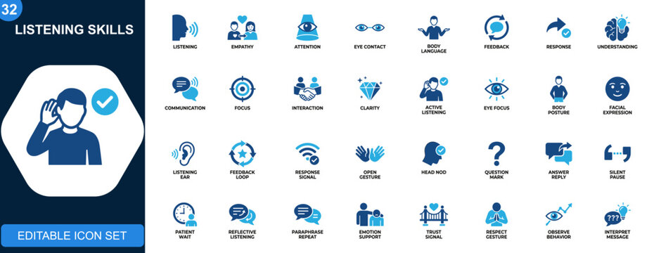 Active listening skills icon set, empathy, eye contact, body language, attention, feedback, clarification, response. Solid icons collection. Vector.