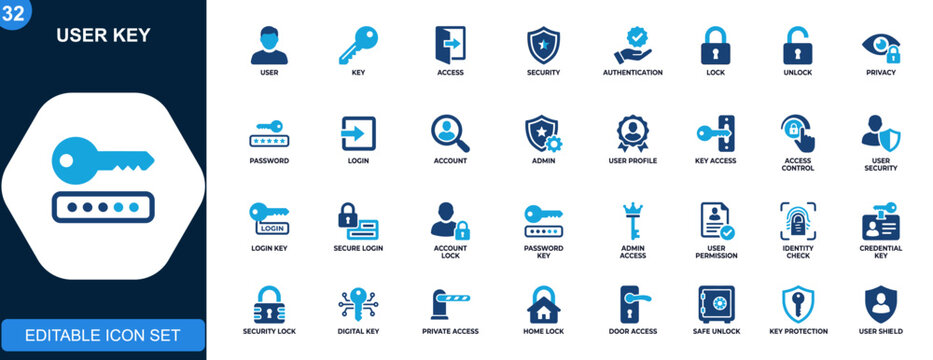 User key access icons set, personal security, authentication, lock, unlock, privacy, admin control, home safety. Icons collection. Vector.