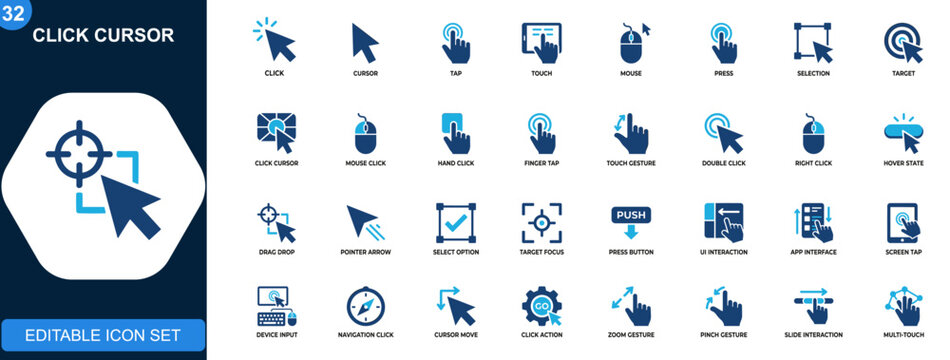 Click cursor icon set. Pointer, tap, touch, mouse click, hand press, selection, target interaction. Icons collection. Vector.