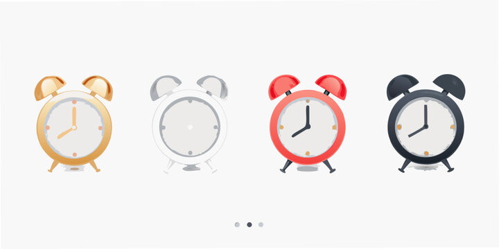 Four colorful alarm clocks displayed in a row on a white background
