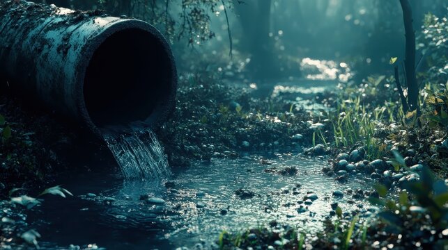 Contaminated water flowing from an old pipeline into a rural forest stream, showcasing environmental damage.