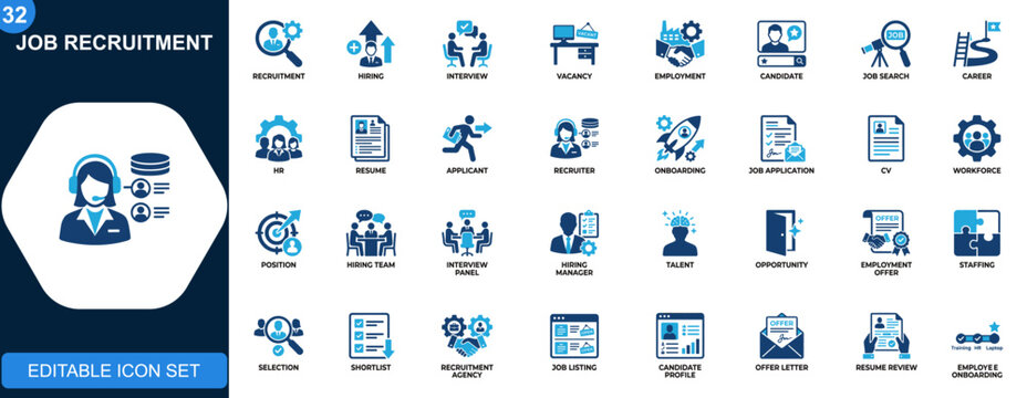 Job recruitment icons set, hiring, interview, vacancy, employment, candidate search, HR process, career opportunity. Icons collection. Vector.