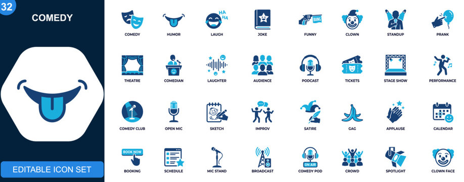 Comedy icon set, laugh funny joke standup prank clown theatre humor podcast tickets audience. Solid icons collection. Vector.