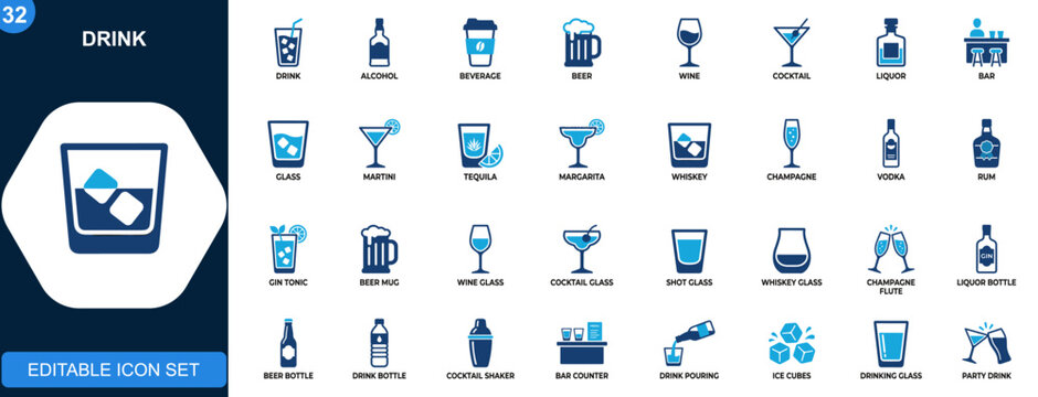 Drink icon set, alcohol beverages, beer, wine, cocktail, liquor, bar glasses, martini, tequila, margarita. Black style icons collection. Vector.