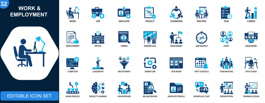 Work and employment icon set, job roles, employee, project, teamwork, meeting, career tasks, hiring workflow, workplace activities. Outline icons collection. Vector.