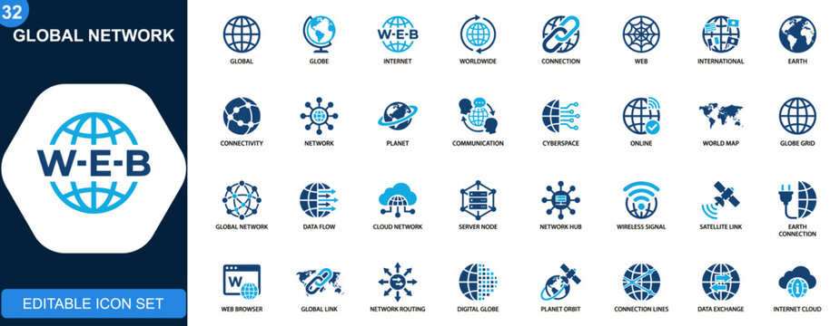 Global network icons, globe, internet, worldwide connection, international web, digital connectivity, global communication. Solid icons collection. Vector.