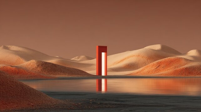 Surreal Red Portal in Desert Landscape Reflecting in Water.
