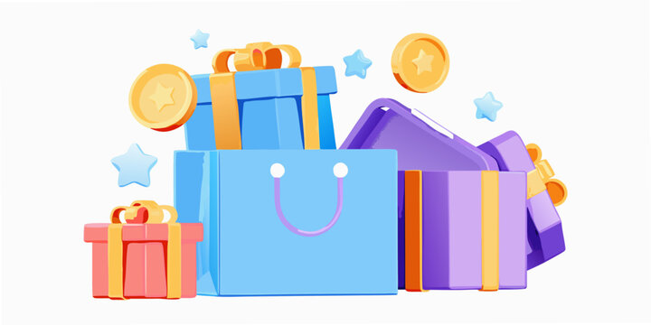Colorful gifts coins and shopping bags in a playful illustration