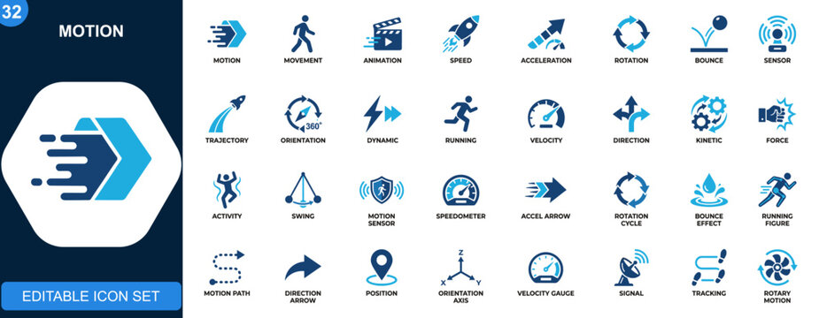 Motion icon set, movement, animation, speed, acceleration, rotation, bounce, sensor, trajectory, orientation. Solid icons collection. Vector.