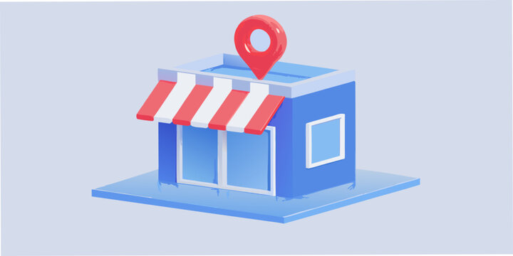 A stylized 3d rendering of a shop building with a location pin