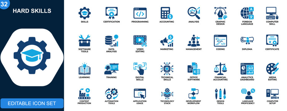 Hard skills icons set, certification, programming, accounting, design, language, computer expertise. Solid icons collection. Vector.