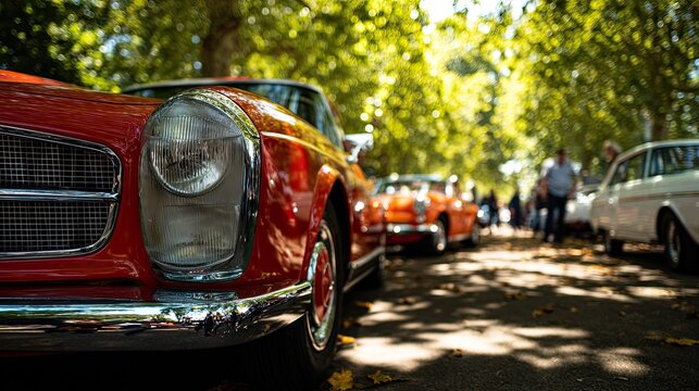 Classic Red Mercedes Benz Car Displayed Outdoors Under Trees.