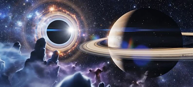 Black Hole with Glowing Accretion Disk Near Planet and Pillars