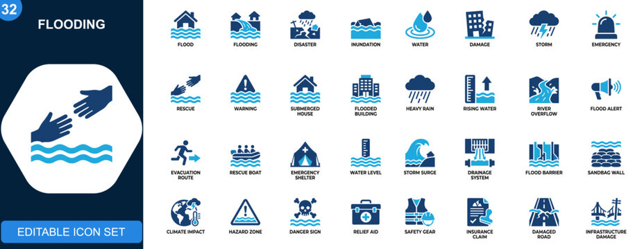 Flooding icon set, flood disaster, inundation, water damage, storm emergency, rescue, warning, submerged buildings. Icons collection. Vector.