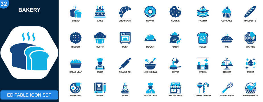 Bakery icon set, bread, cake, croissant, donut, cookie, pastry, cupcake, baguette, muffin, baking tools. Editable icons collection. Vector.