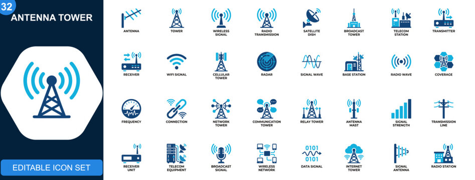 Antenna tower icon set, wireless signal, radio transmission, satellite, broadcast, telecom equipment, receiver, network technology. Icons collection. Vector.